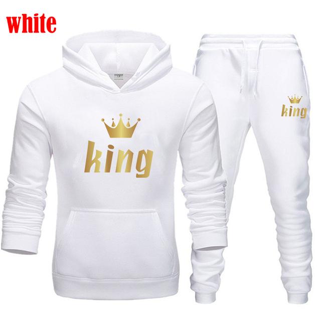 Женский и мужской костюм с капюшоном с принтом короля и королевы, осенне-зимняя толстовка с капюшоном + брюки, комплекты из 2 предметов, спортивная одежда, повседневные костюмы