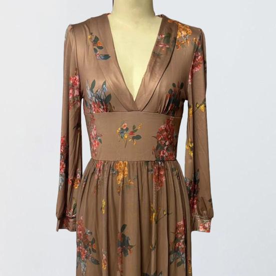 Spring Fall Dress V Neck Digital Floral Print Pleated A-line Maxi Dress Long