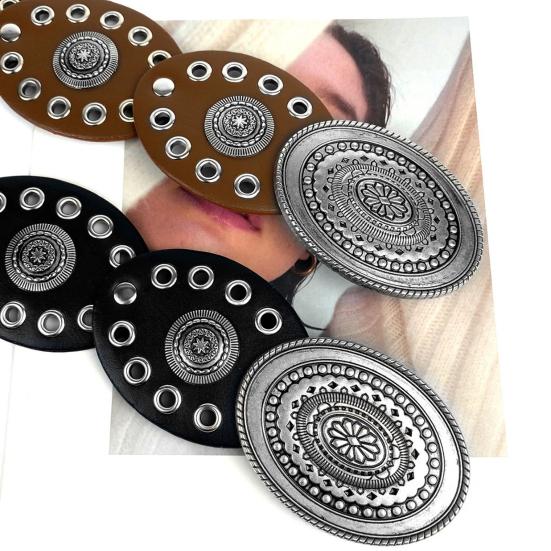 Women Belt Round Buckle Wide Eyelets Faux Leather Adjustable Belt Exaggerated Round Shape Hollow Disc Waist Belt
