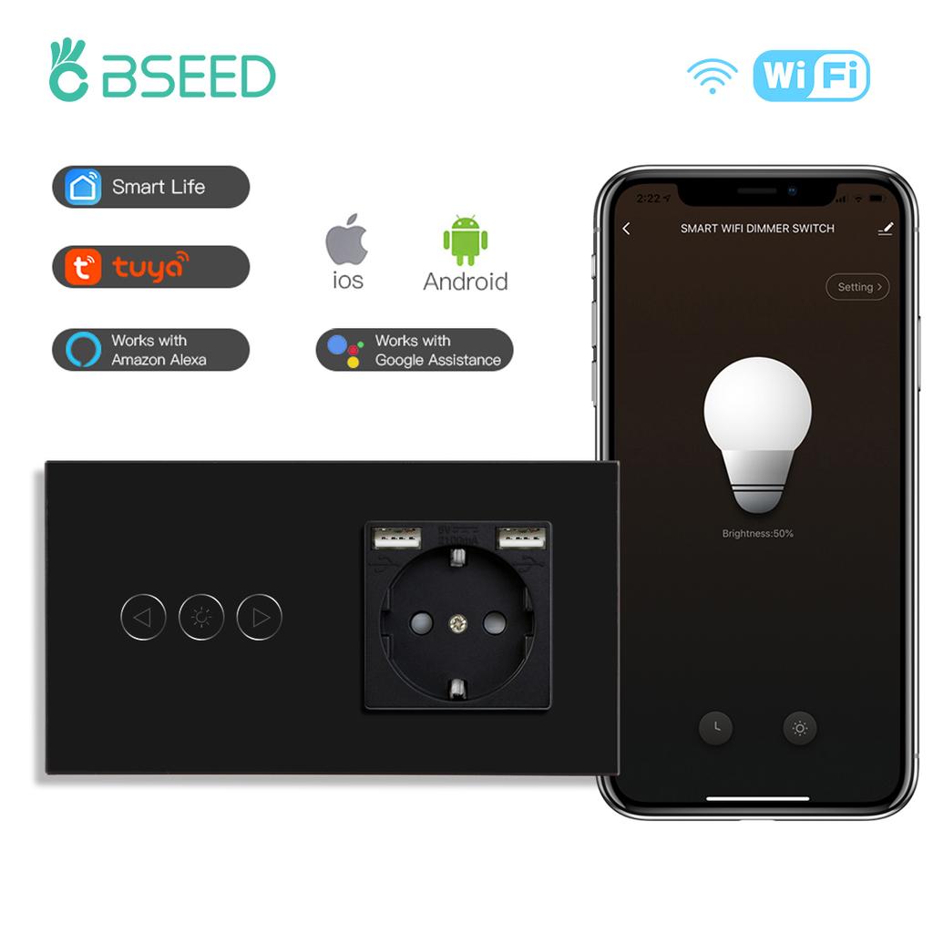 BSEED Wifi Smart Dimmer Switches Tuya Smart Life Goolgle Home Control Plus Normal Type-c USB EU Socket Glass Panel Black