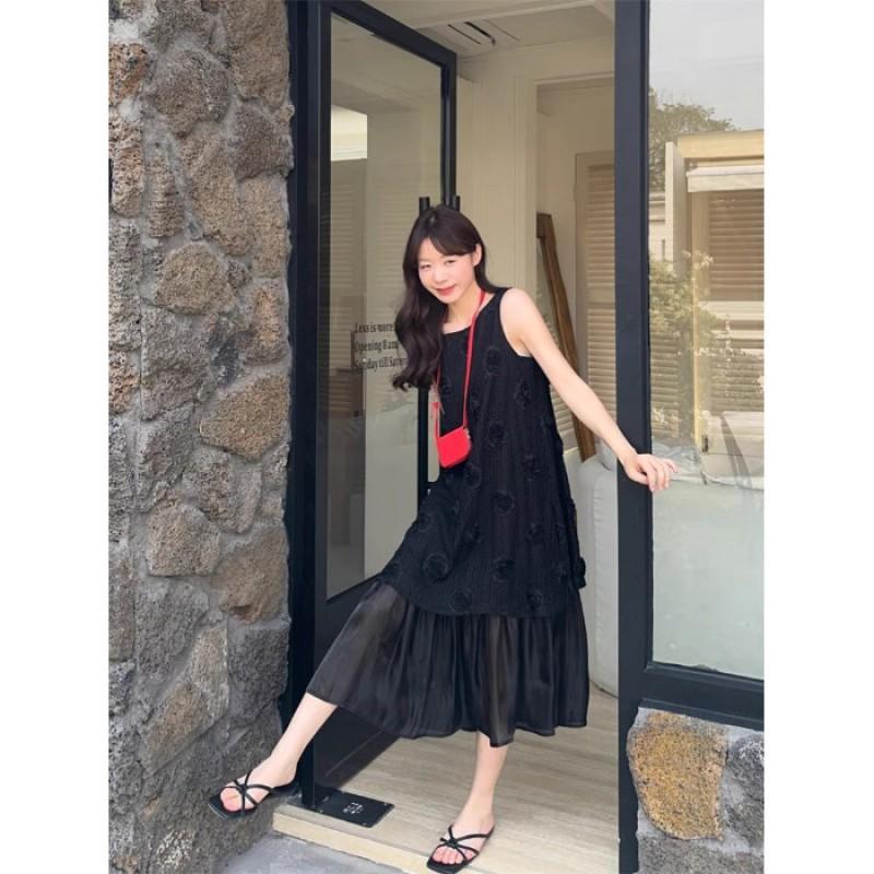 Womens Beach Vacation Dress With 3D Floral Embellishment Loose Fit A-Line Sleeveless Maxi In Pink Black White