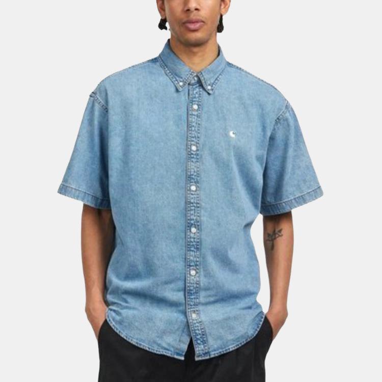 Carhartt WIP SS25 S/S Рубашка Lucas Свободный крой Вышитый логотип Однобортная Джинсовая с коротким рукавом Мужские рубашки I034575-01-35