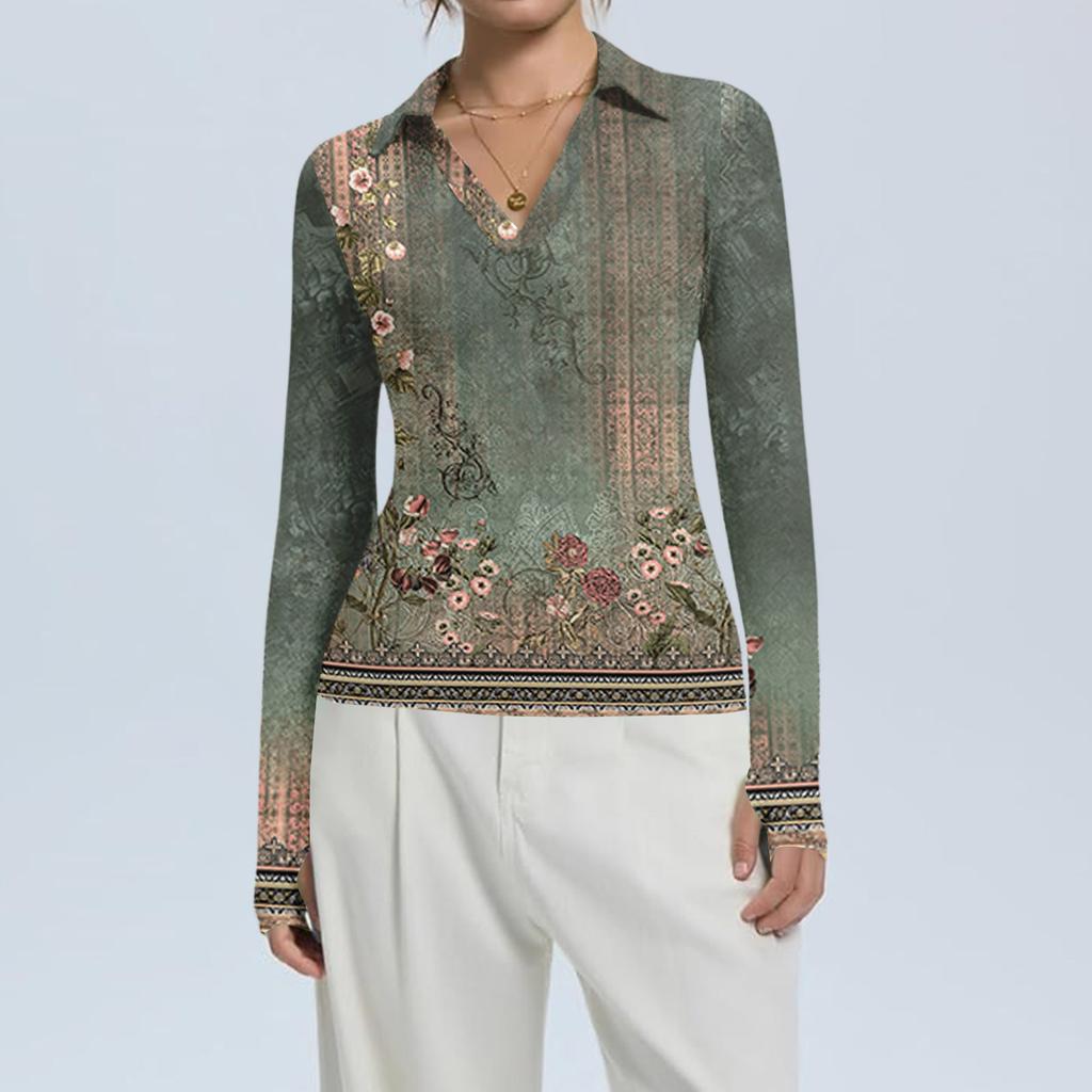 Women's Fashion Casual Print V-Neck Long Sleeve Button-Down Top