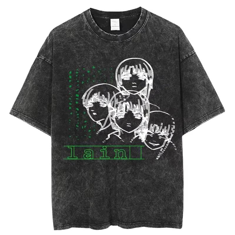 Anime Serial Experiments Lain Vintage Washed T Shirt Summer Men Women Tshirt Cotton Harajuku Oversized Short Sleeve Tees Tops