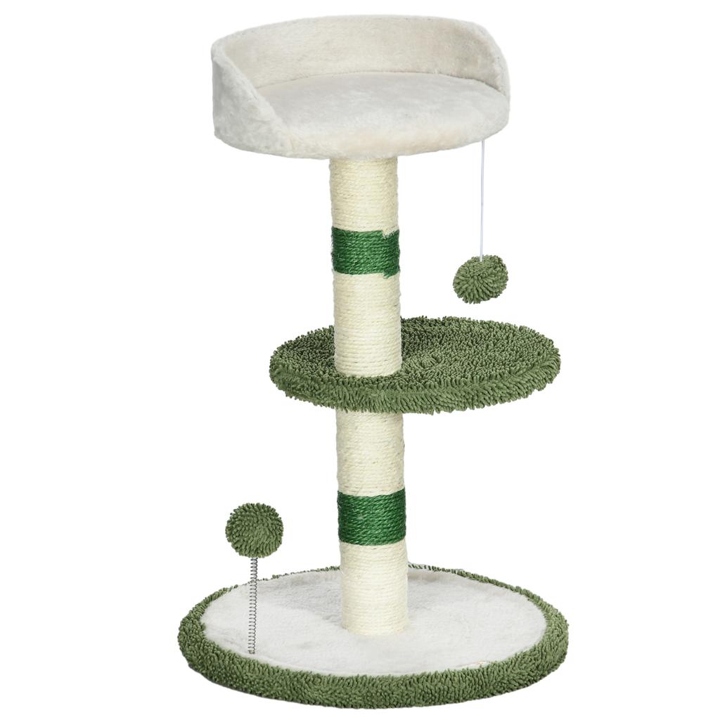 Cat Tree with Cat Bed, 2 Balls, Platform and Sisal Pole, Green and White