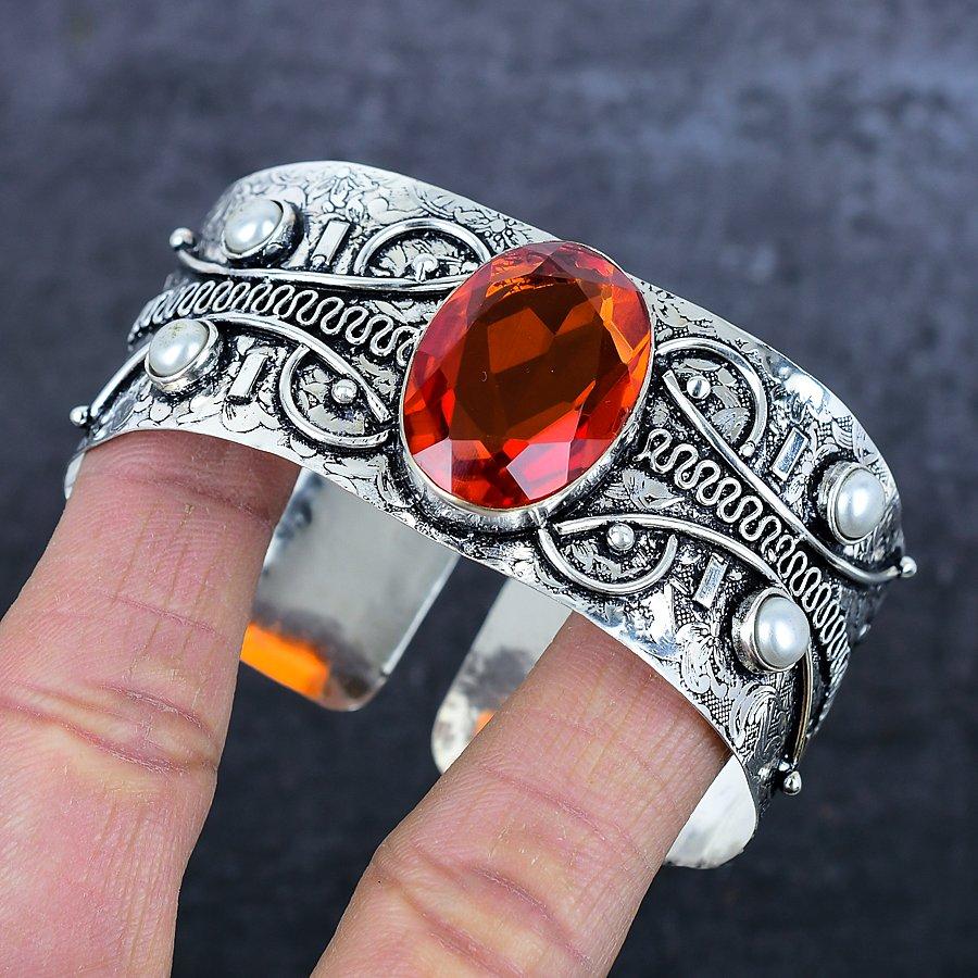 Citrine Ethnic 925 Sterling Silver Cuff Bangle Adjustable L7T83