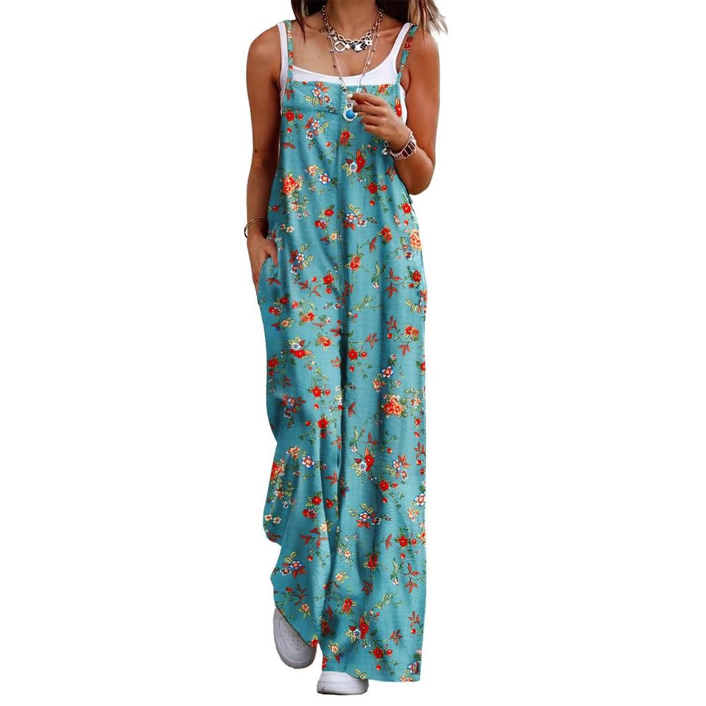 Women's Spaghetti Strap Sleeveless Floral Jumpsuit Loose High Waist Casual Wide Leg Overalls