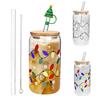 Color Changing Christmas Glass Cup with Lid Straw Brush Reusable Glass Iced Coffee Cup
