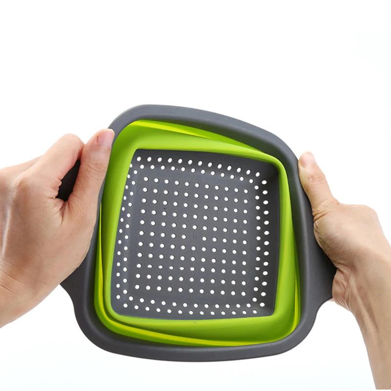 2-Piece Square Collapsible Colanders Set Kitchen Fruit & Vegetable Tools Silicone Strainers Basket Filter