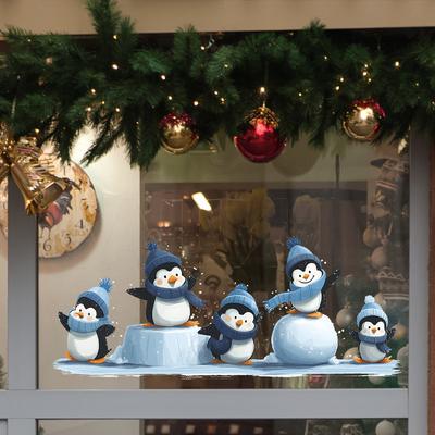 Мультяшный катающийся пингвин Рождественская атмосфера Декоративные наклейки на стекло для двери и окна