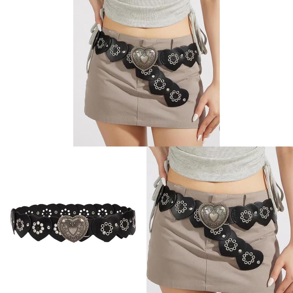 Retro Street Style Womens Pu Leather Belt With Heart Splicing And Metal Snap For Casual Fashion