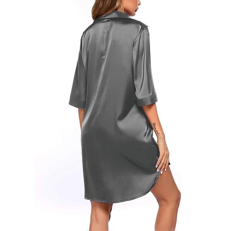 Женская ночная рубашка на пуговицах, атласная ночная рубашка с рукавами 3/4, одежда для сна с воротником-бойфрендом