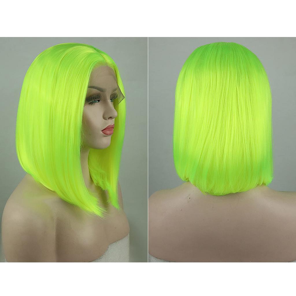 VOCOSTE Heat-Resistant Lace Front Wig, Medium-Long Straight Bob Wig for Girls, 41cm, Fluorescent Green, for Everyday Use