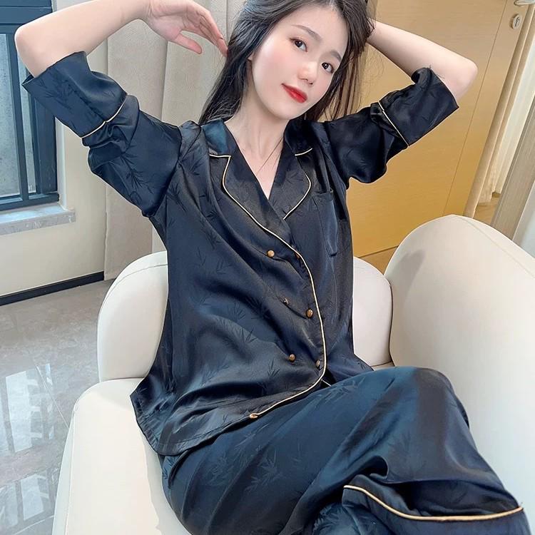 Ice Silk Women's Pajamas - Spring/Autumn Long Sleeve with Jacquard Pattern, Chinese-Style Retro Elegance, Button-Front Silk Loungewear