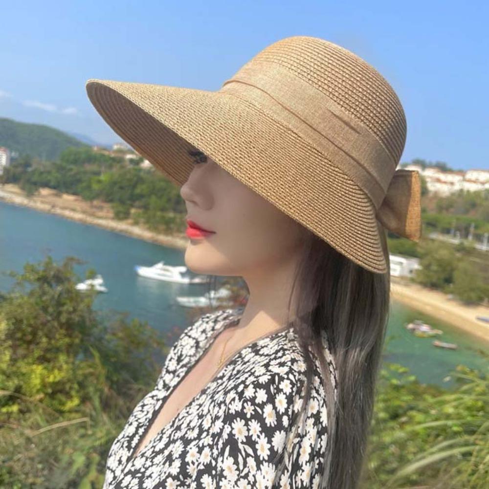Hollow Out Straw Weaving Beach Hat Breathable Foldable Bucket Hat Bow Fisherman Cap Spring
