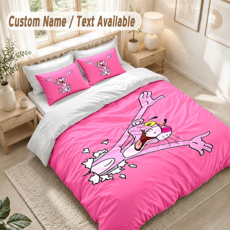 Pink Panther Bedding Set, 1 Duvet Cover & 2 Pillowcases Soft Comfortable Bedroom Home Textile Decor