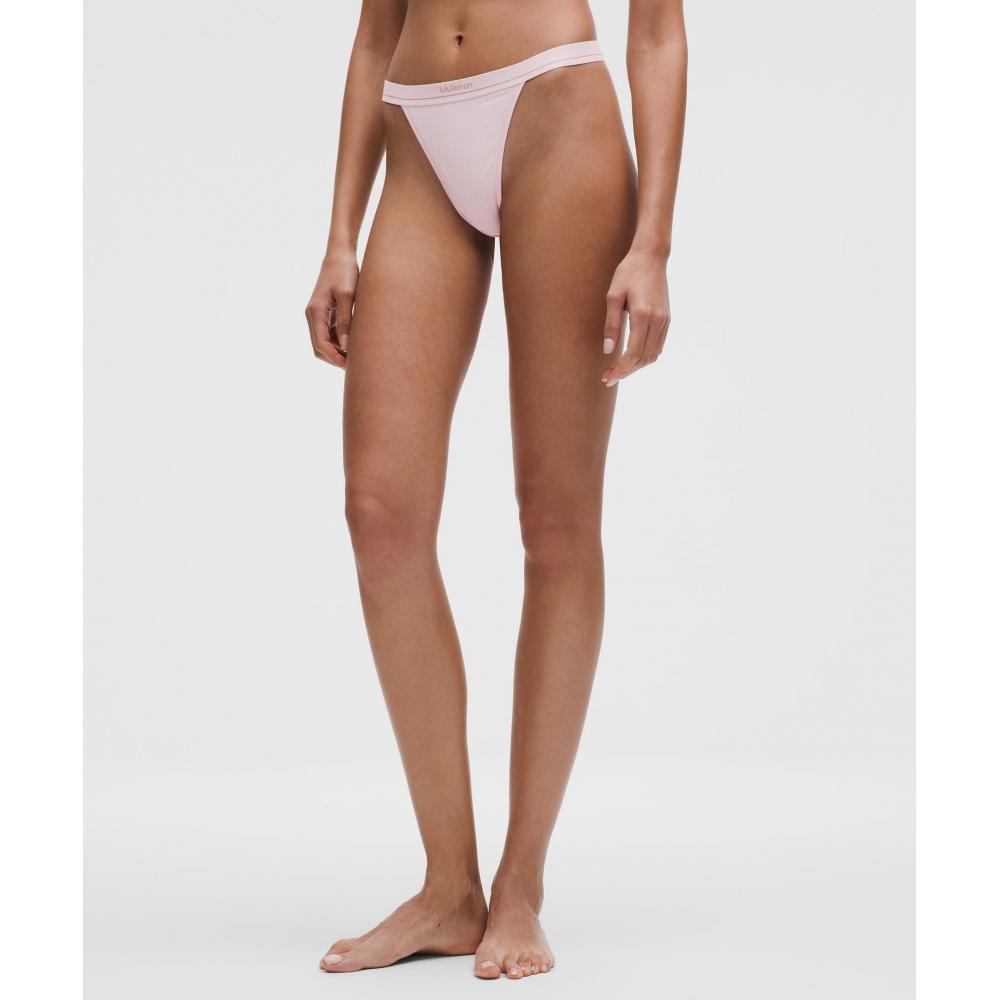 Lululemon Эластичные Хлопковые Ребристые Логотип Высокая Талия Стринги Нижнее Белье Фарфоровый Розовый