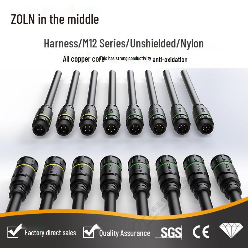 M12 Dual-Ended Overmolded Nylon Unshielded Straight Cable Harness with Solderless Sensor Connector and 12MM Aviation Plug.
