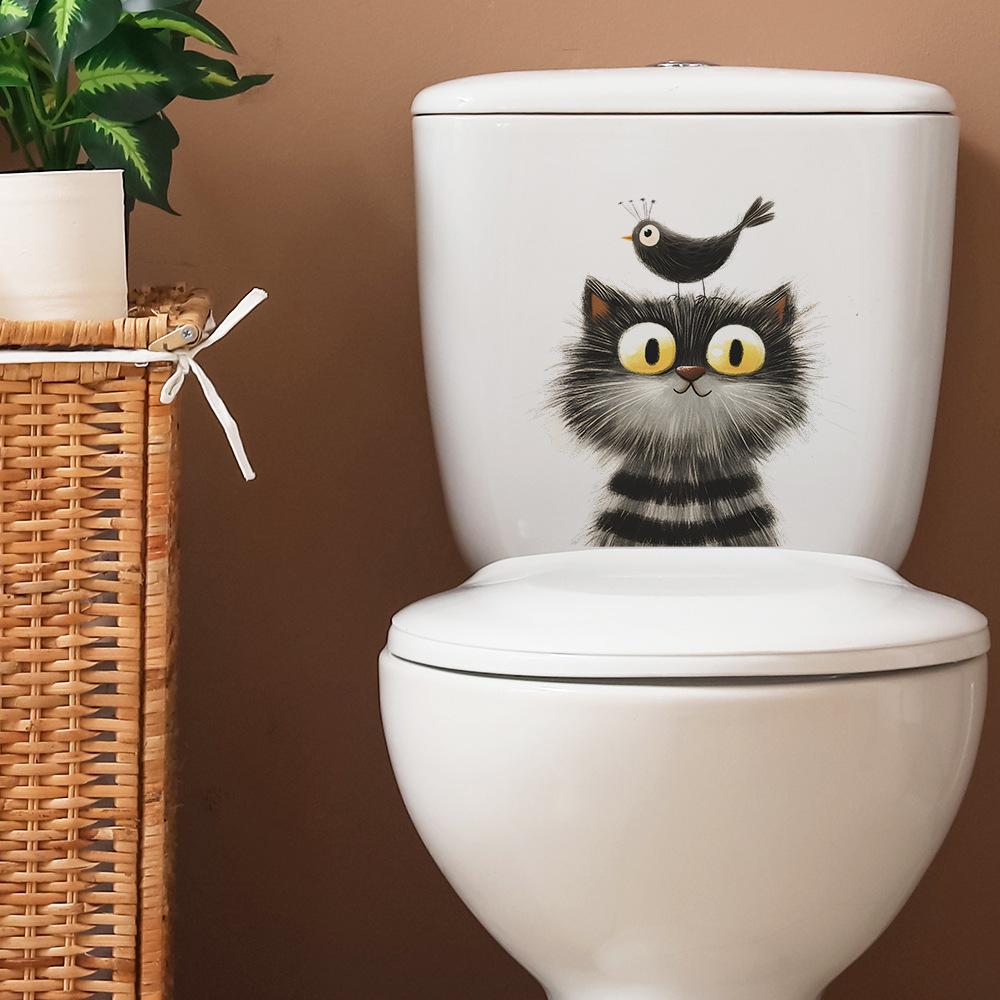 Cartoon Gray Cat and Bird Toilet Seat Sticker Bathroom Decor Playful Removable Waterproof Decal