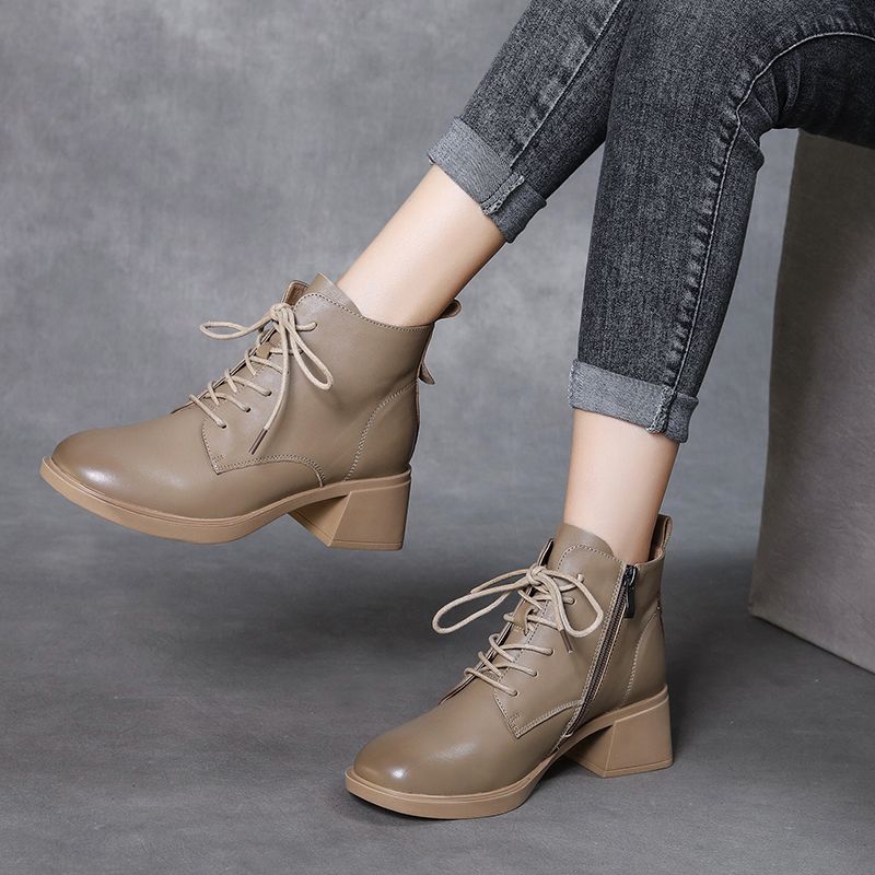 Короткие ботинки на толстом каблуке, женская хлопчатобумажная обувь, средний каблук, универсальные ботинки-мартины на шнуровке, женская обувь с высоким берцем в стиле ретро