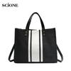Ladies Portable Briefcase Commuter Stripe Simple Square Canvas Big Bag Shoulder