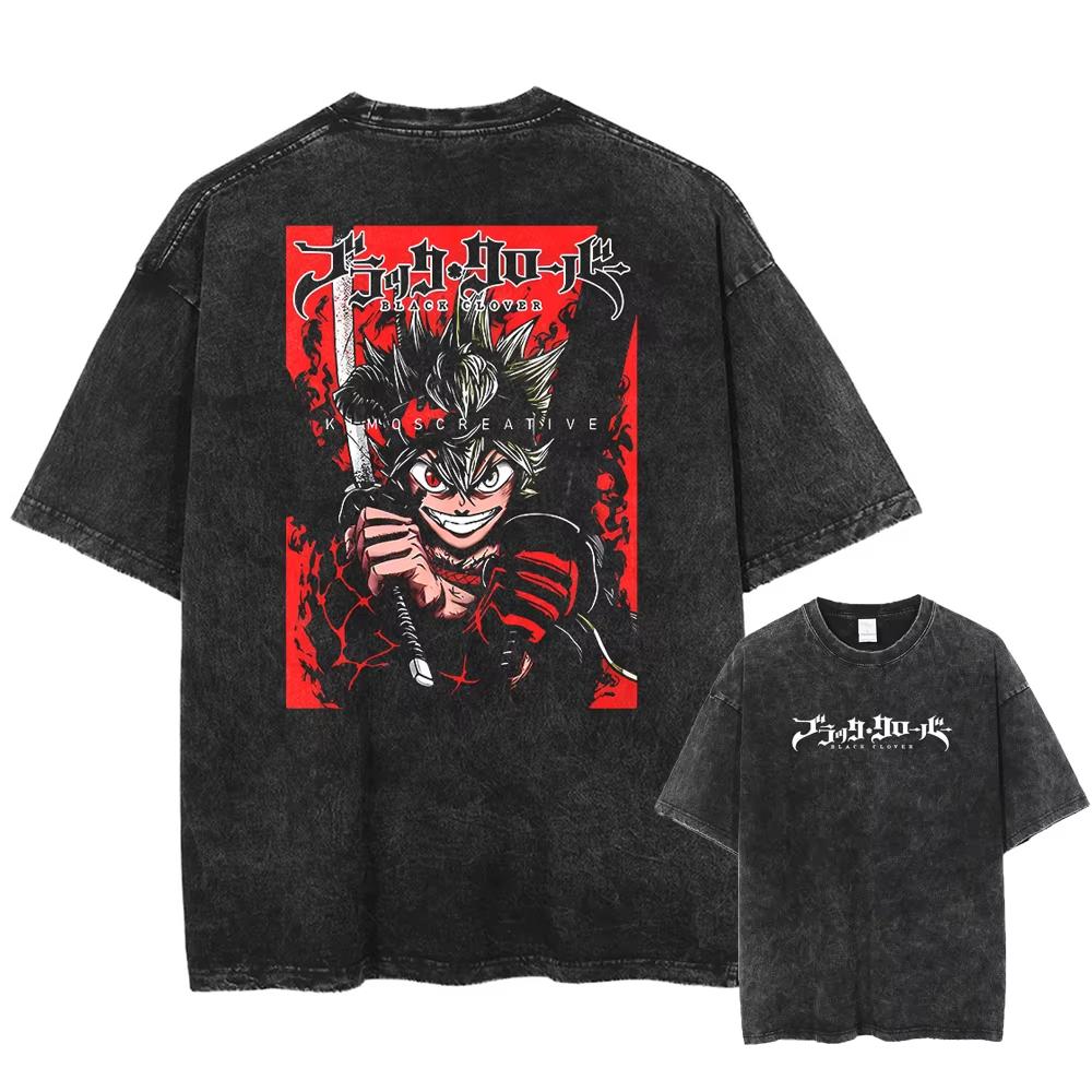 2026 Hot Trendy Anime Black Clover Washed T-shirt Men Women Casual Retro T-shirt Harajuku Hip Hop Punk T-shirt Print Crew Neck Casual T Shirt