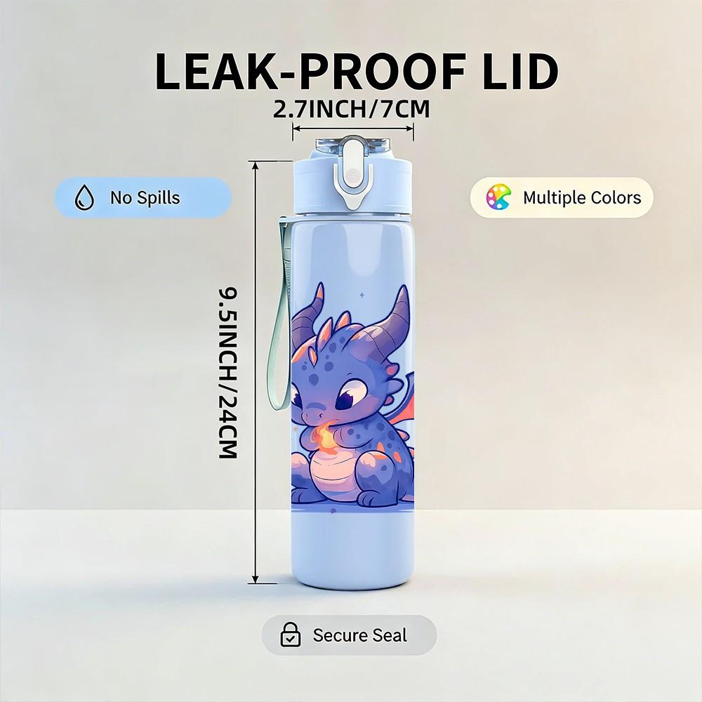 1PC Cute Blue Baby Dragon 750ml Color Plastic Sports Water Bottle Leakproof Flip Straw Lid Suitable for Sports Office Home Use