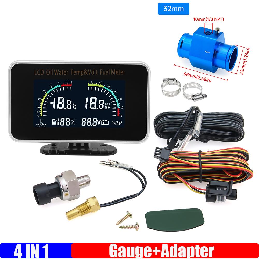 Digital LCD Gauge 4 IN 1 Water Temperature+Oil Pressure+Fuel Level Gauge+Voltage+Temp Joint Adapter Sensor for Car Truck 12V24V