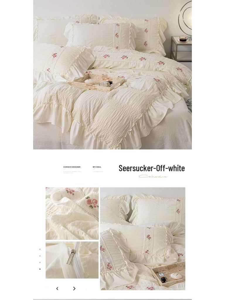 French Seersucker Embroidered Lace Duvet & Sheet Set, 3-Piece Bedding