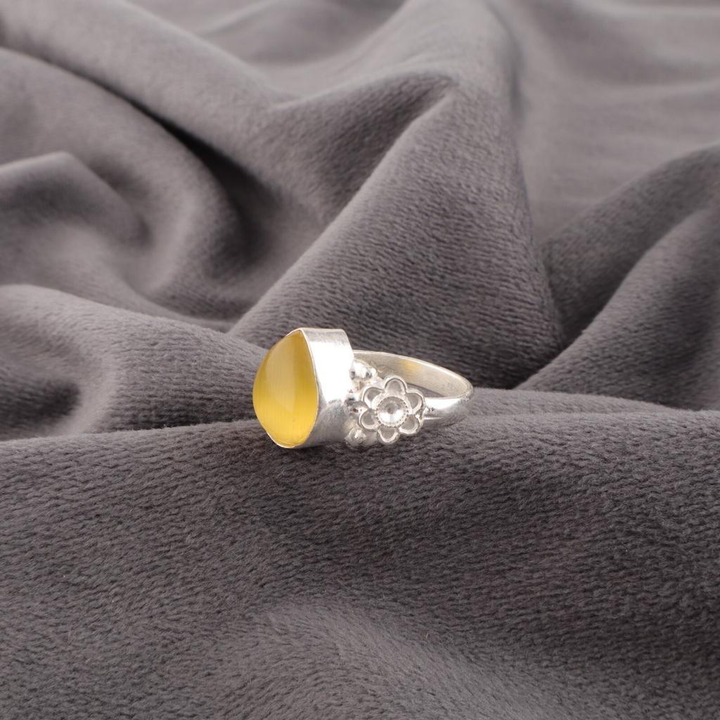 Yellow Cat's Eye Gemstone 925 Solid Silver Jewelry Handmade Women Ring For Gift RR-59-41