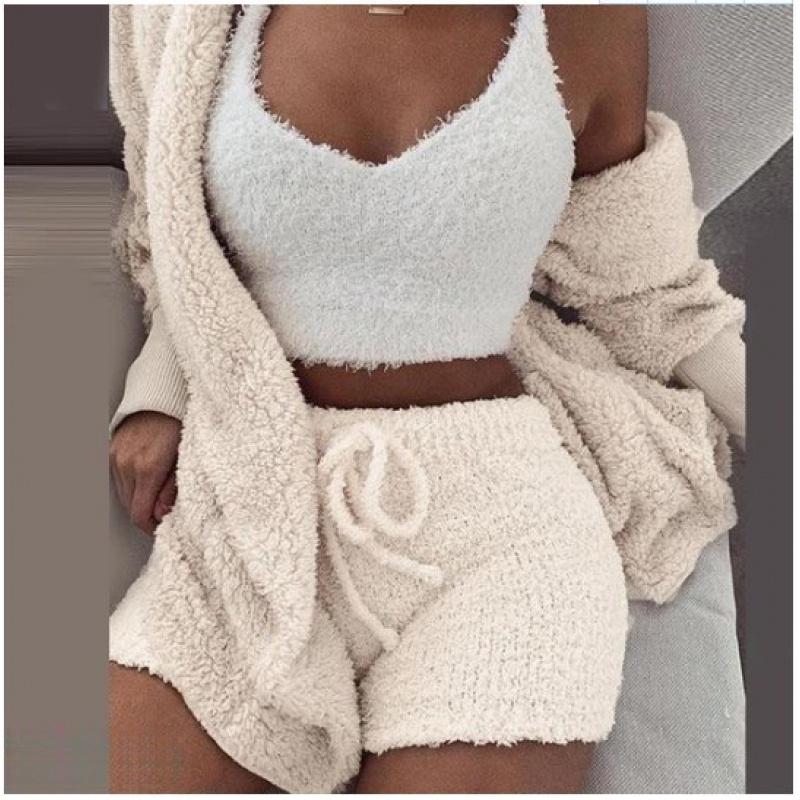 Women's Winter Plush Home Clothes Casual 2-Piece Pajamas Long-Sleeved Shorts Sports Suit for Women