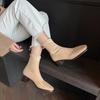 Мода 2025 Мода Женская обувь Натуральная кожа Короткие ботинки Квадратный носок Массивный каблук Зима Эластичные Современные женские ботинки Однотонные Высокие каблуки