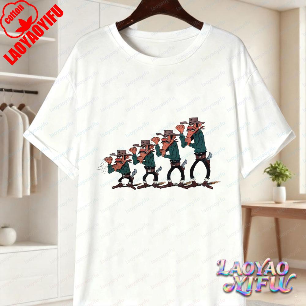 Classic Lucky Luke Cast Print Casual Tops Retro Western Animation Cotton TShirt Summer Casual Wear for Unisex Women Trendy Tee