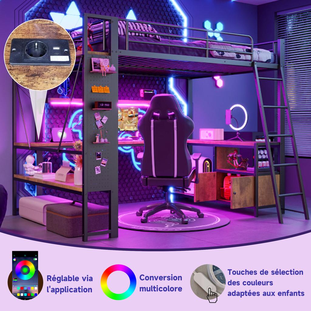Loft Bed, 140 x 200 cm, Iron Frame, with LED Light Strip, Desk, Storage Space, Multiple Shelves, Pegboard, USB Port, without Mattress, Black