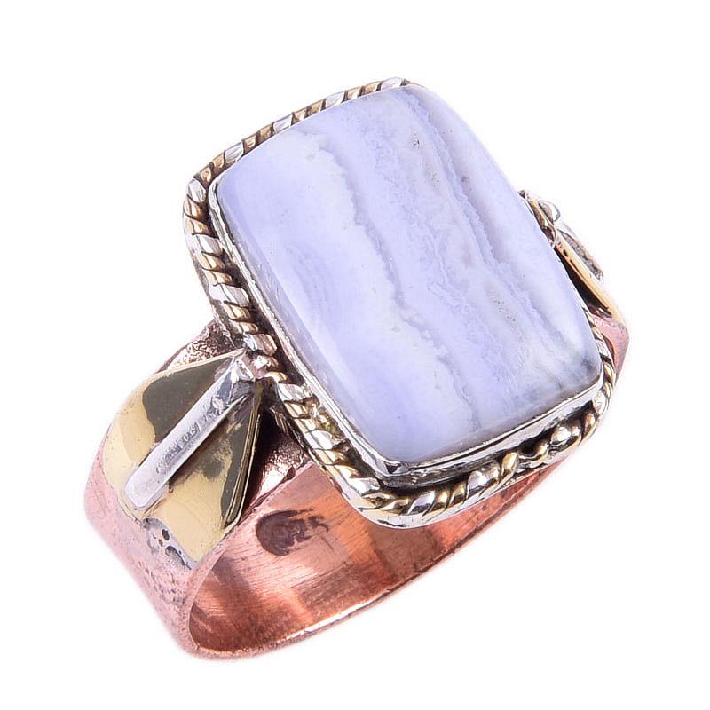 Кольцо с натуральным голубым кружевным агатом, двухцветное, из стерлингового серебра 925 пробы, размер 9, w5m71