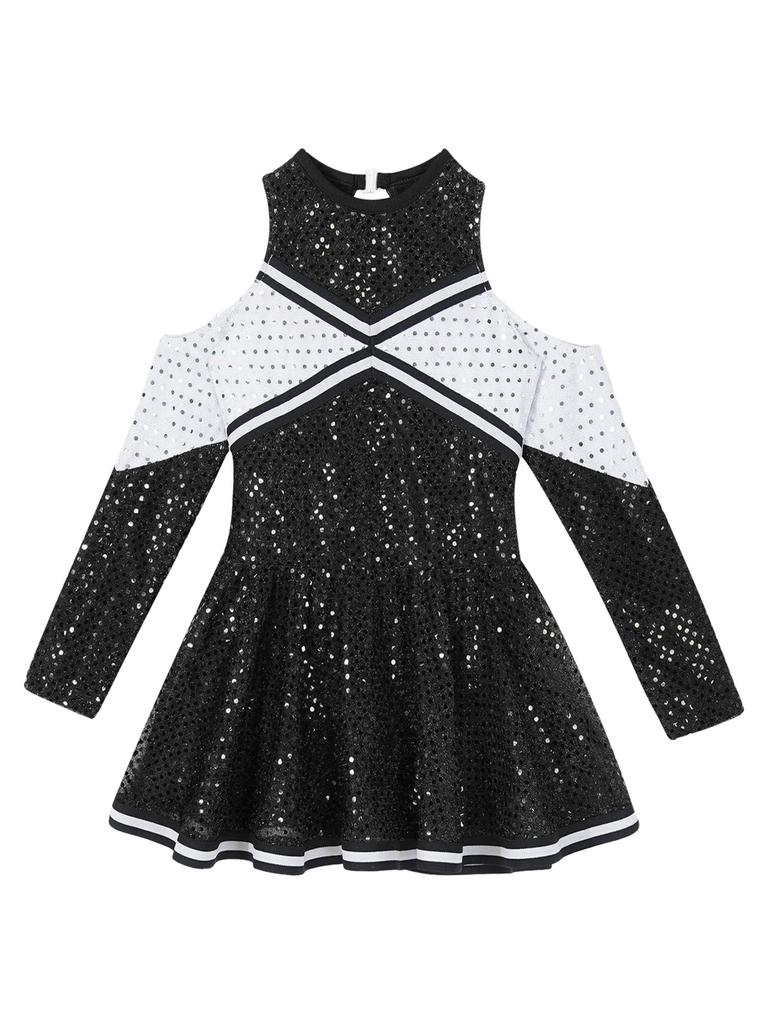 Платье для чирлидинга для девочек, с длинным рукавом, с открытыми плечами, с круглым вырезом, контрастного цвета, с блестящими пайетками, костюм для танцев