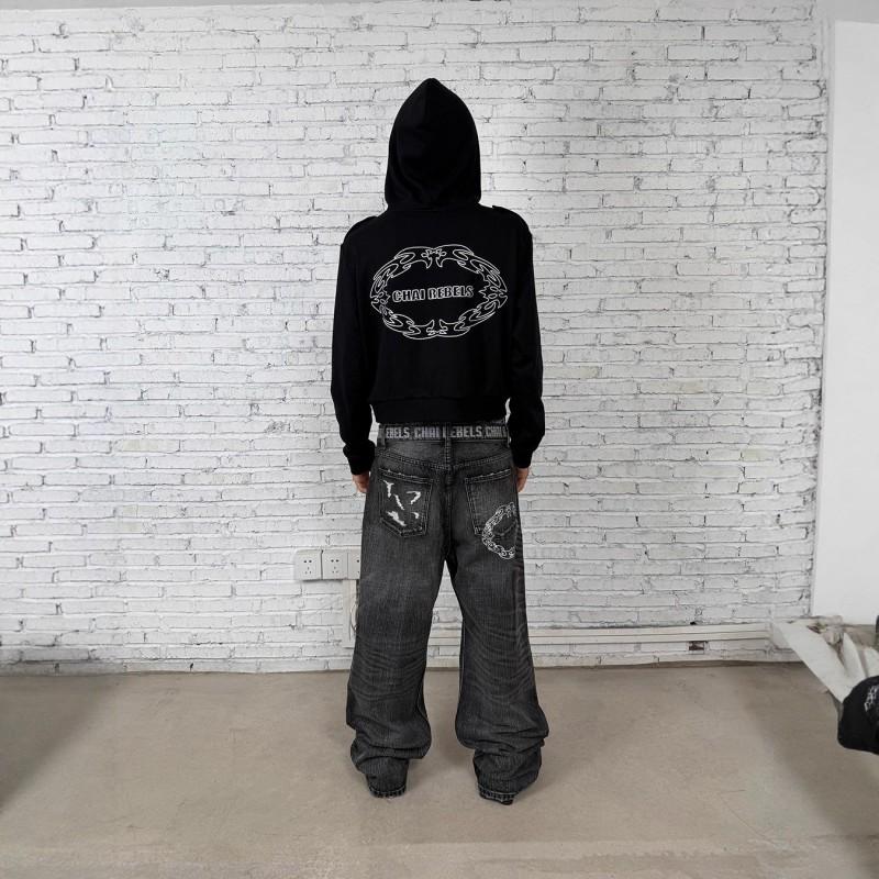 Vintage Loose Fit Hooded Sweatshirt Zip Up Printed High Street Fashion Men Women