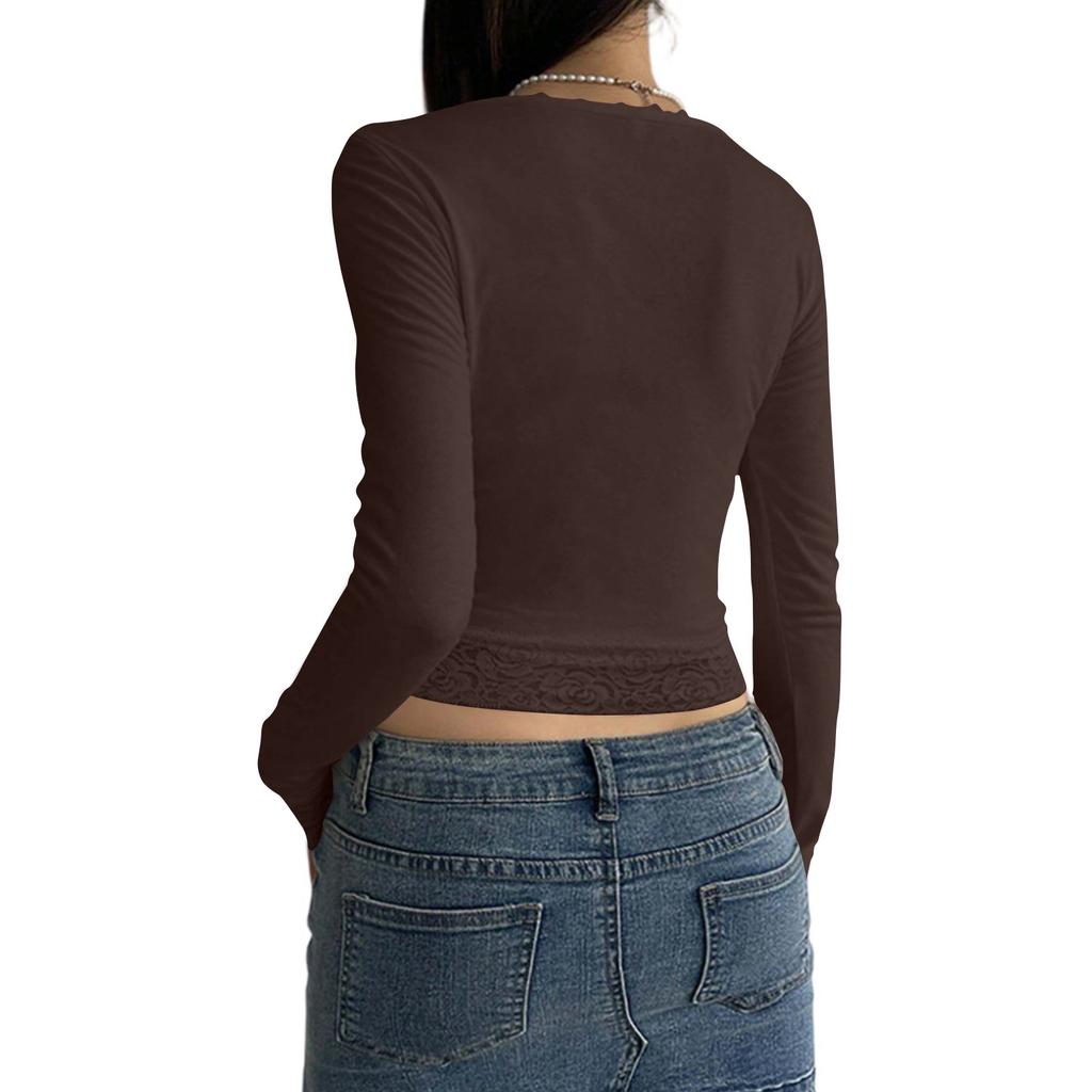 Women's Cotton Long Sleeve Lace Patchwork Navel-Exposed Square Neck T-Shirt