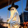 Playful Ghost Face Decoration Halloween Hanging Outdoor Decoration, Spooky LED Light Up Witch with Orange Bow Accents on Broom for Home, Tree, Porch,