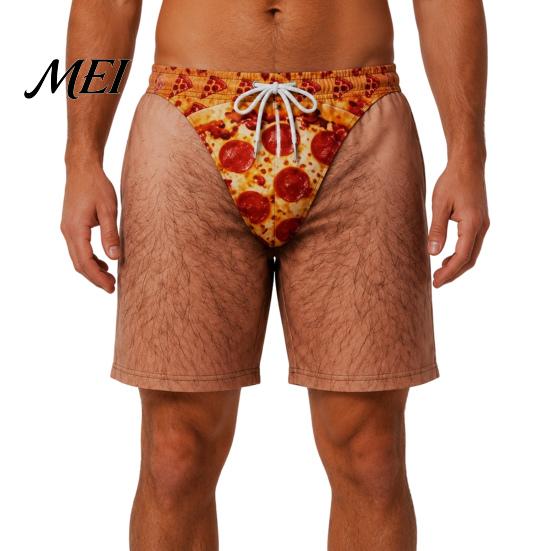 Elastic Waist Board Shorts Men Hairy Booty Shorts, 3D Butt Print Beach Activewear for Water Sports Funny Patriotic Swim Trunks Summer Vacation