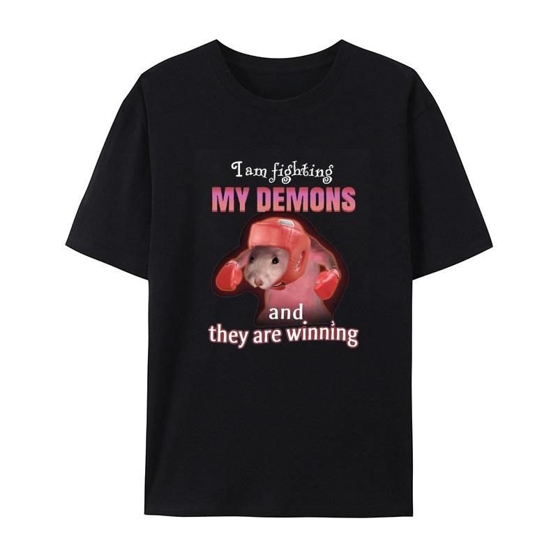 Interesting Me Fighting Against My Demon and Winning The Mouse Meme White Casual Tshirt Mens and Womens Luxury Brand Top
