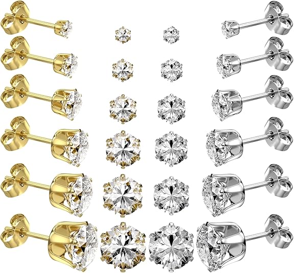 Kolip 6 Pairs / 12 Pairs Stainless Steel Stud Earrings Set, 14K Silver/Gold Plated 316L Hypoallergenic Cubic Zirconia CZ Earring for Women Men 3-8mm