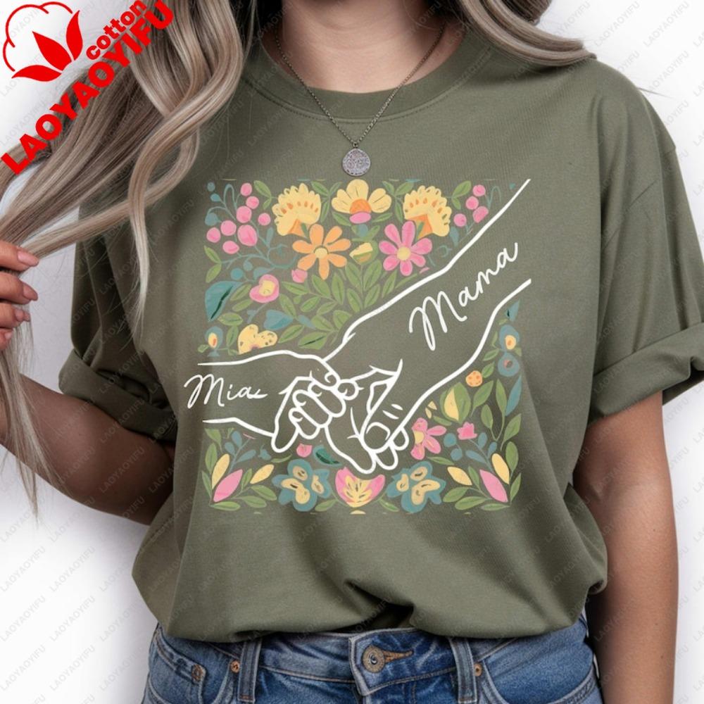 Custom Mama And Kids Holding Hands Shirt Personalized Floral Mothers Day Gift