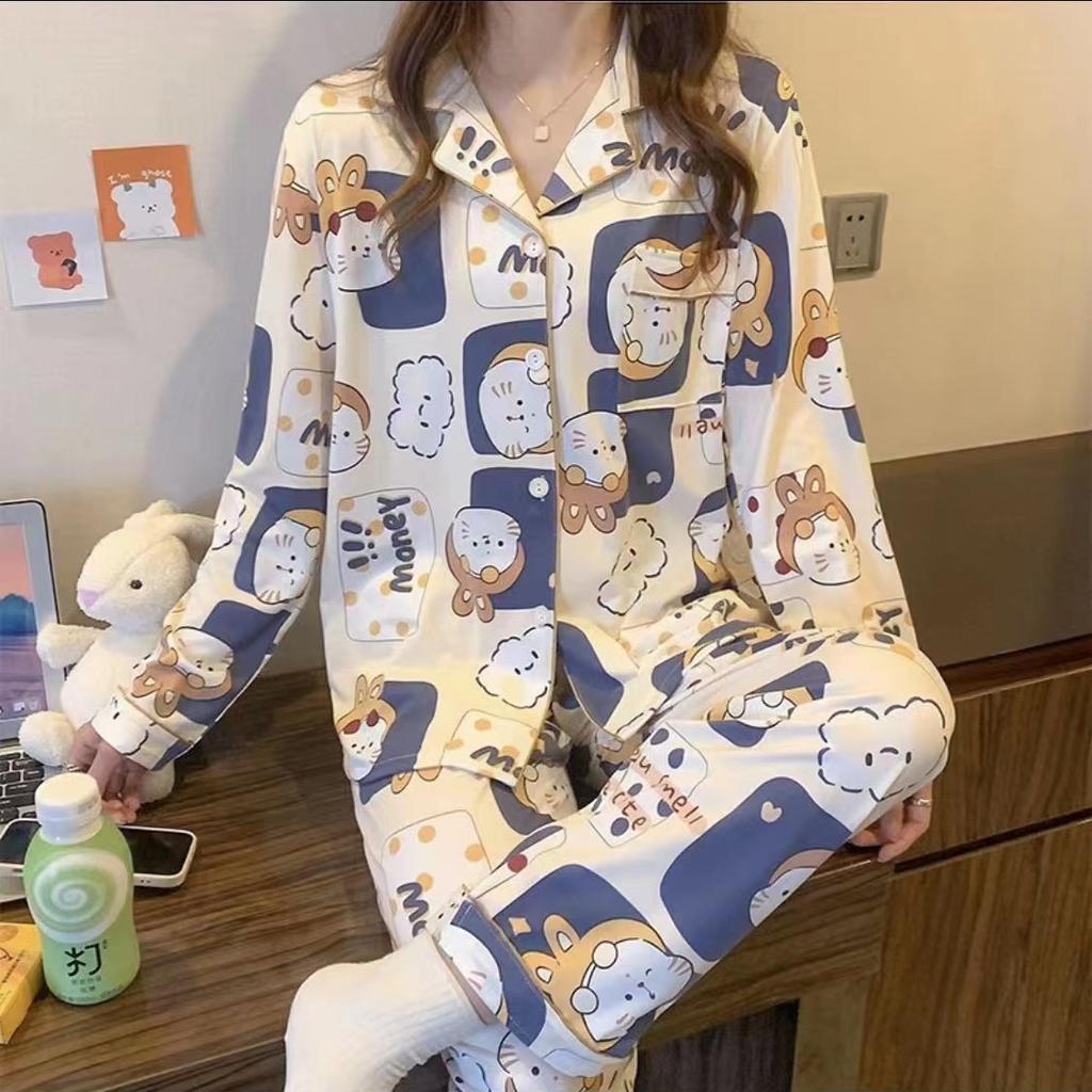 New Women's Pajamas Autumn Long Sleeve Loose Large Size Home Clothes Set Cute Cartoon Home Clothes Cardigan Spring Pajamas Set
