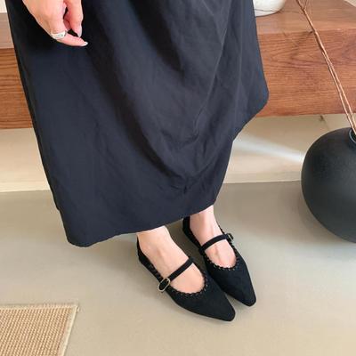 Французская замша светлый рот низкий каблук женские поздний вечерний бриз 2025 новая весна и осень острый носок темперамент слово с Мэри Джейн одинарной обувью