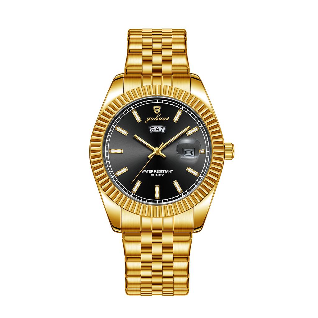Gohuos 58832 Men's Silver Gold Stainless Steel Quartz Wristwatch Black Dial Week Date Display Waterproof Business Dress Watches