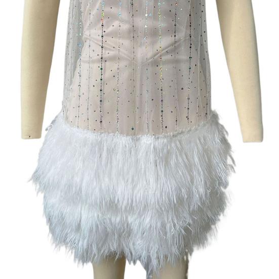 Women Party Slip Dress Layered Fringed Hem Backless Sleeveless Low-cut Collarless Sequin Decor Thin Mesh Cocktail