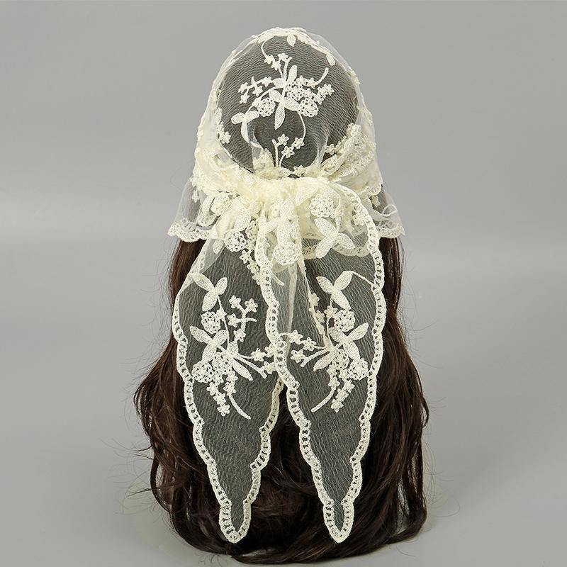 Women Retro Lace Triangle Scarf Hair Bands Vintage Triangular Headscarf Elegant Headwear Solid Color Ramadan Handkerchief