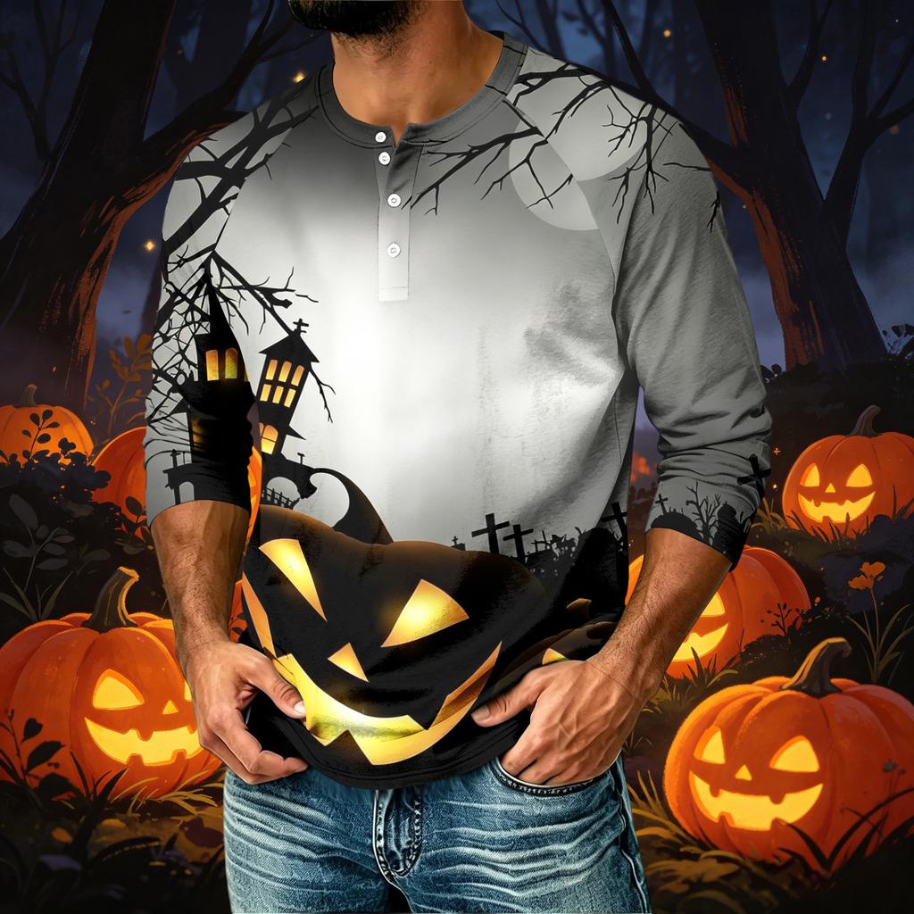 Men's Casual Raglan Three-Quarter Sleeve Shirt Halloween Print