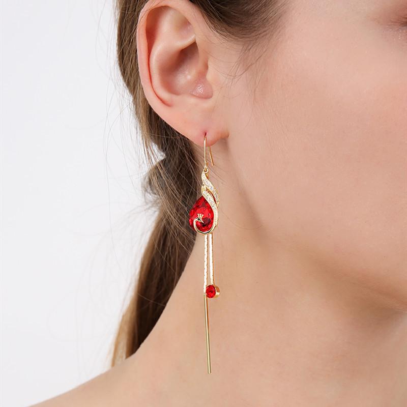 TikTok Live Temperament Peacock Phoenix Earrings - Blue Red Crystal Long Tassel